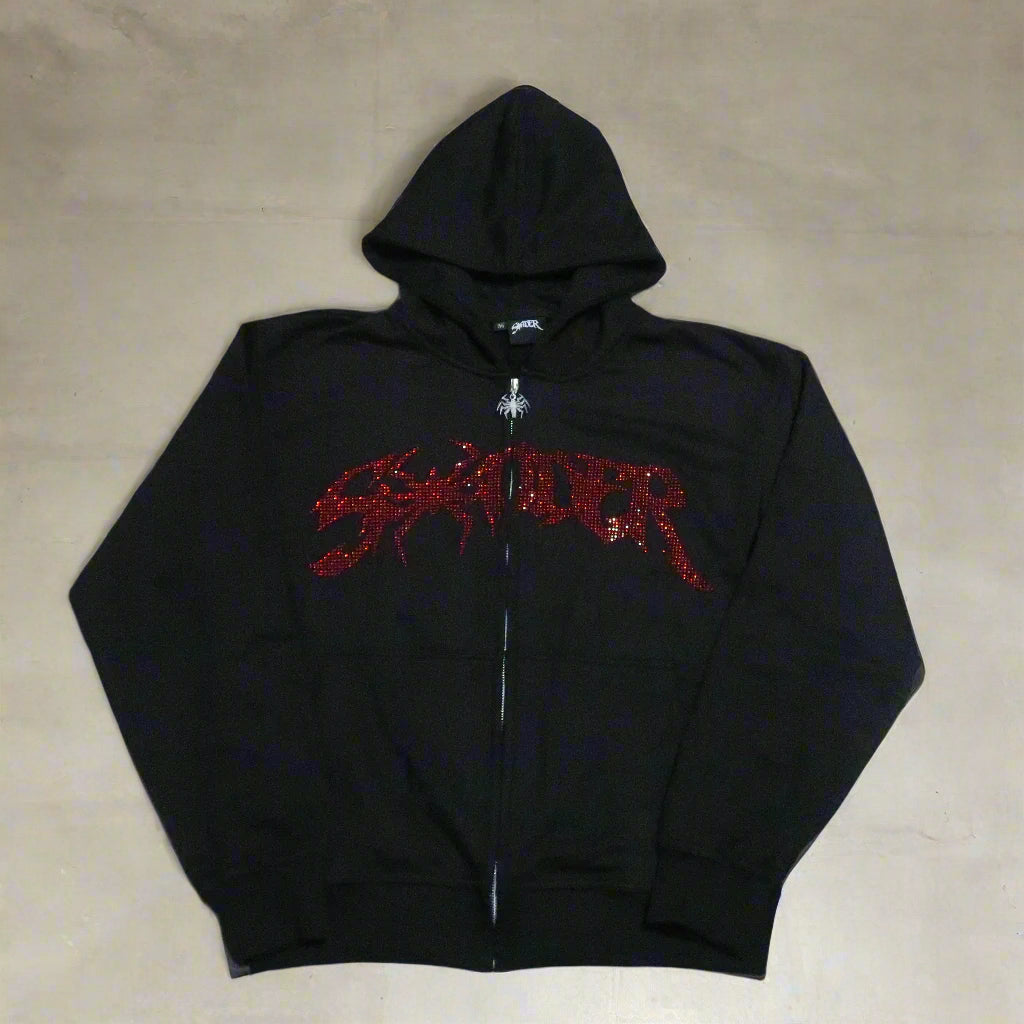 NEW Rhinestone Spiderman Zip-Up Black and Red